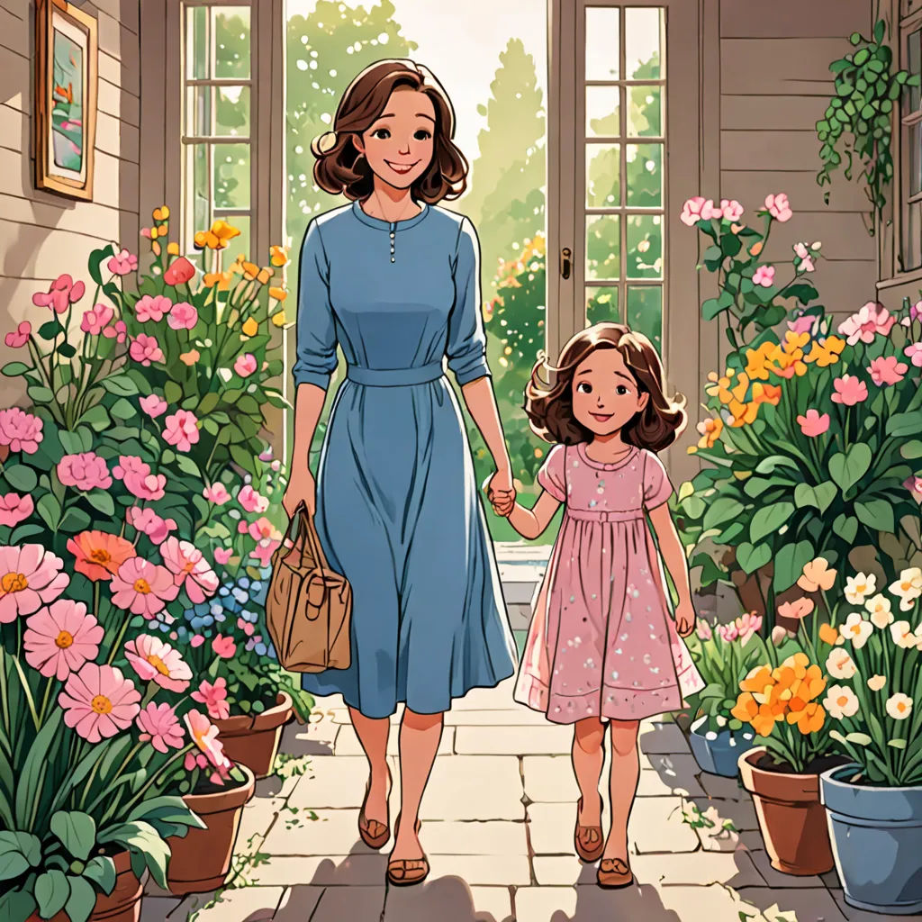 a woman and a little girl walking through a garden with flowers in pots and potted plants on either side of the door, american scene painting, a comic book panel, Anne Said, promotional image