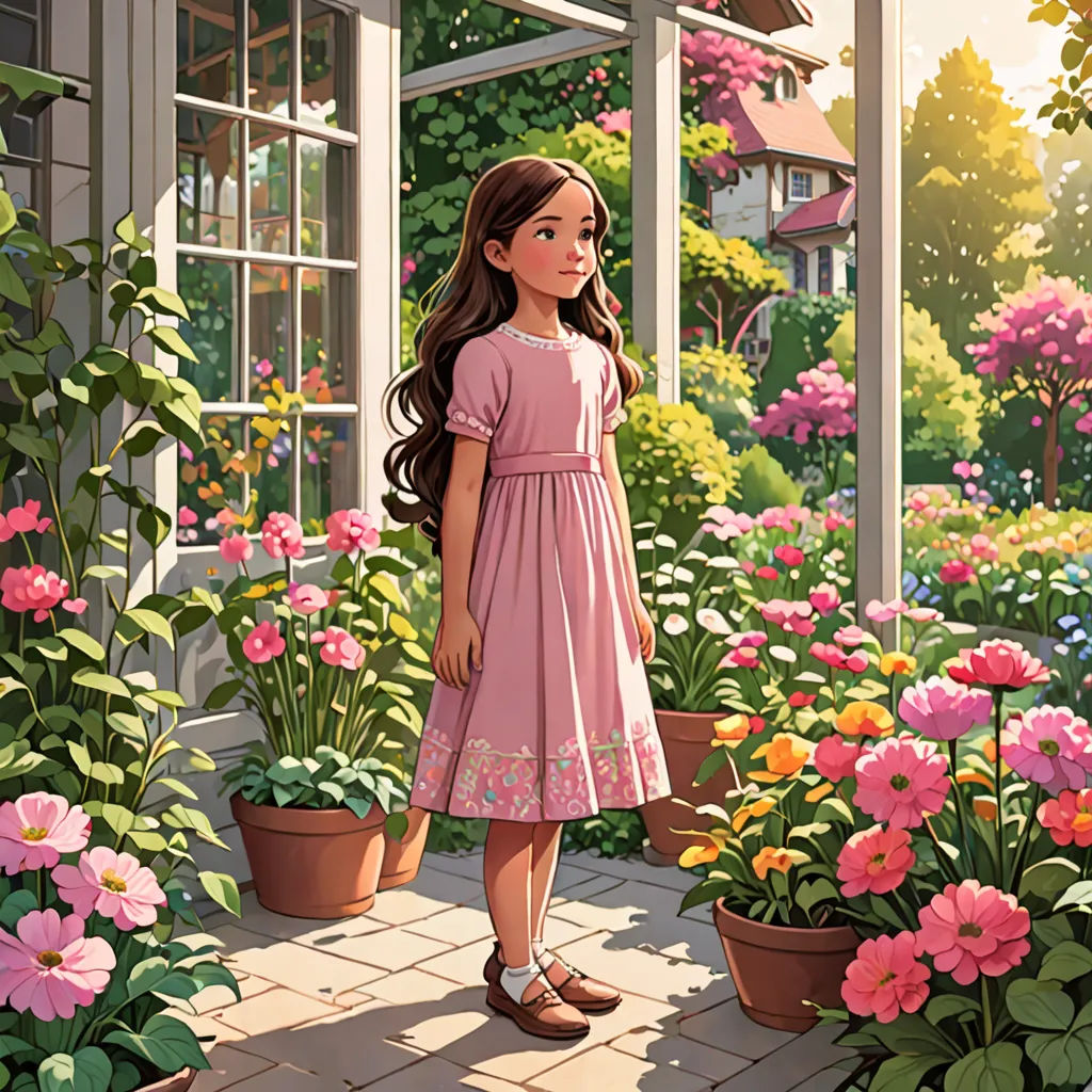 a girl in a pink dress standing in a garden with flowers and potted plants in front of a window, american scene painting, a storybook illustration, Colin Middleton, kinkade