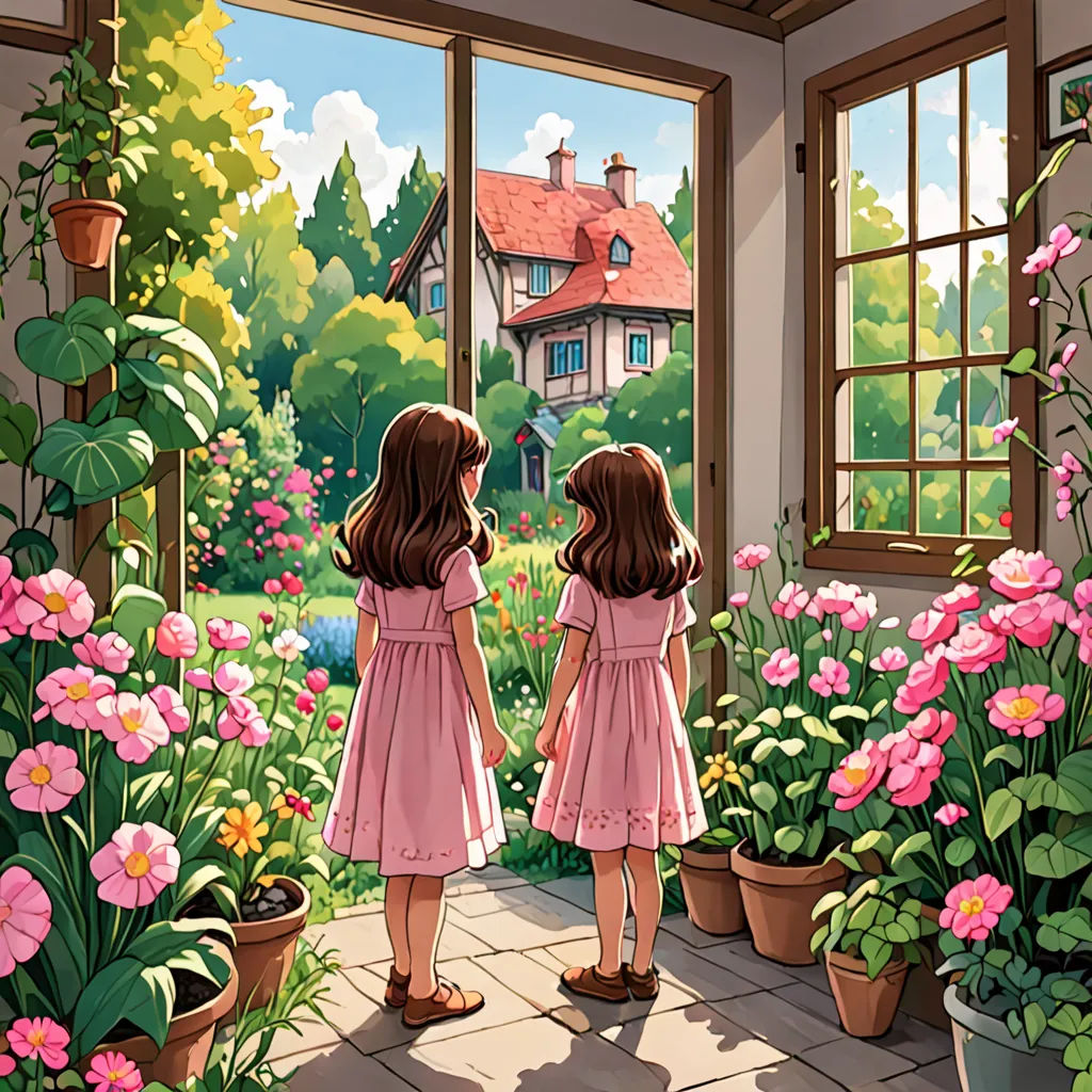 two little girls standing in front of a window with flowers in the foreground and a house in the background, impressionism, a storybook illustration, Brothers Hildebrandt, storybook illustration