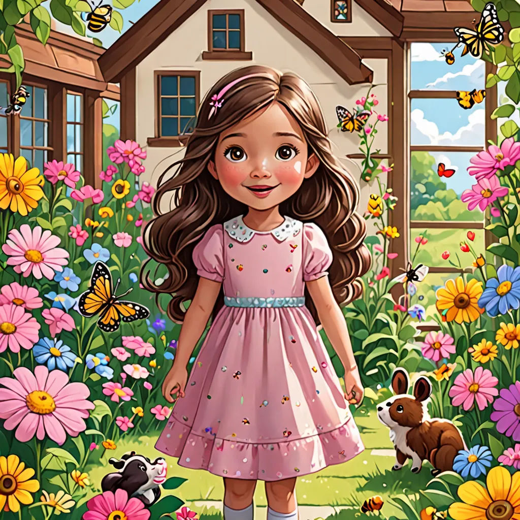 a girl in a pink dress standing in a garden with flowers and a dog in front of a house, naive art, a storybook illustration, Annabel Kidston, kinkade