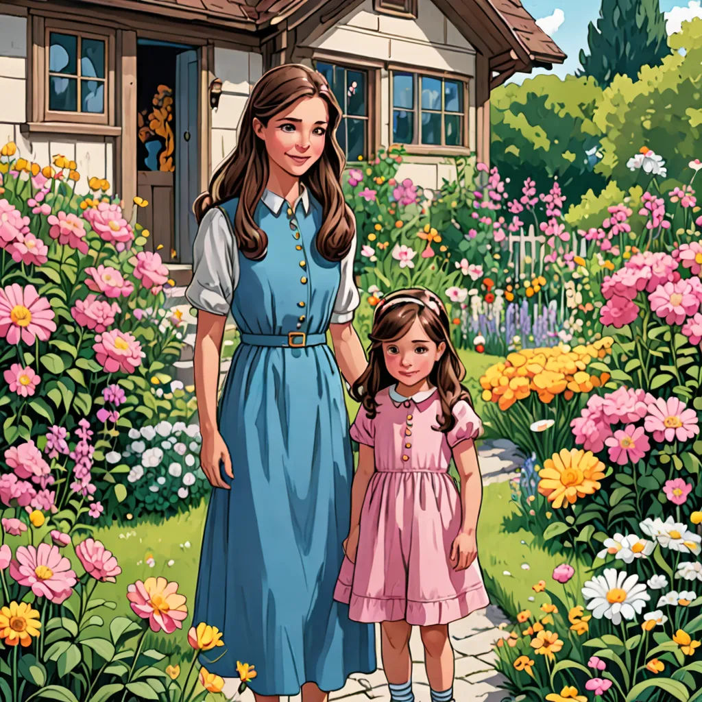 a woman and a girl standing in front of a house with flowers in the yard and a garden behind them, american impressionism, a storybook illustration, Brothers Hildebrandt, storybook illustration