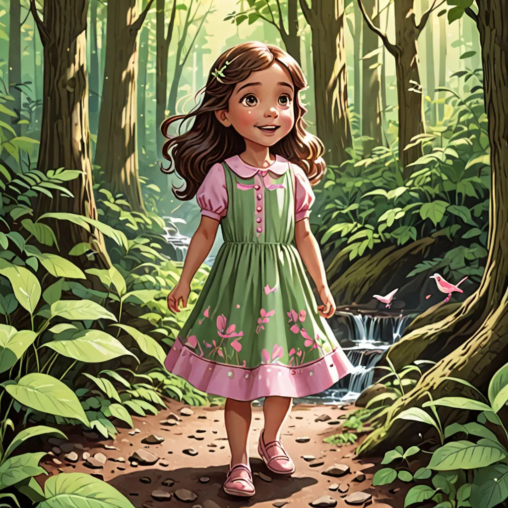 a little girl in a green dress walking through a forest with a stream of water in the background and a pink bird flying above, magic realism, a storybook illustration, Chris Rallis, storybook illustration