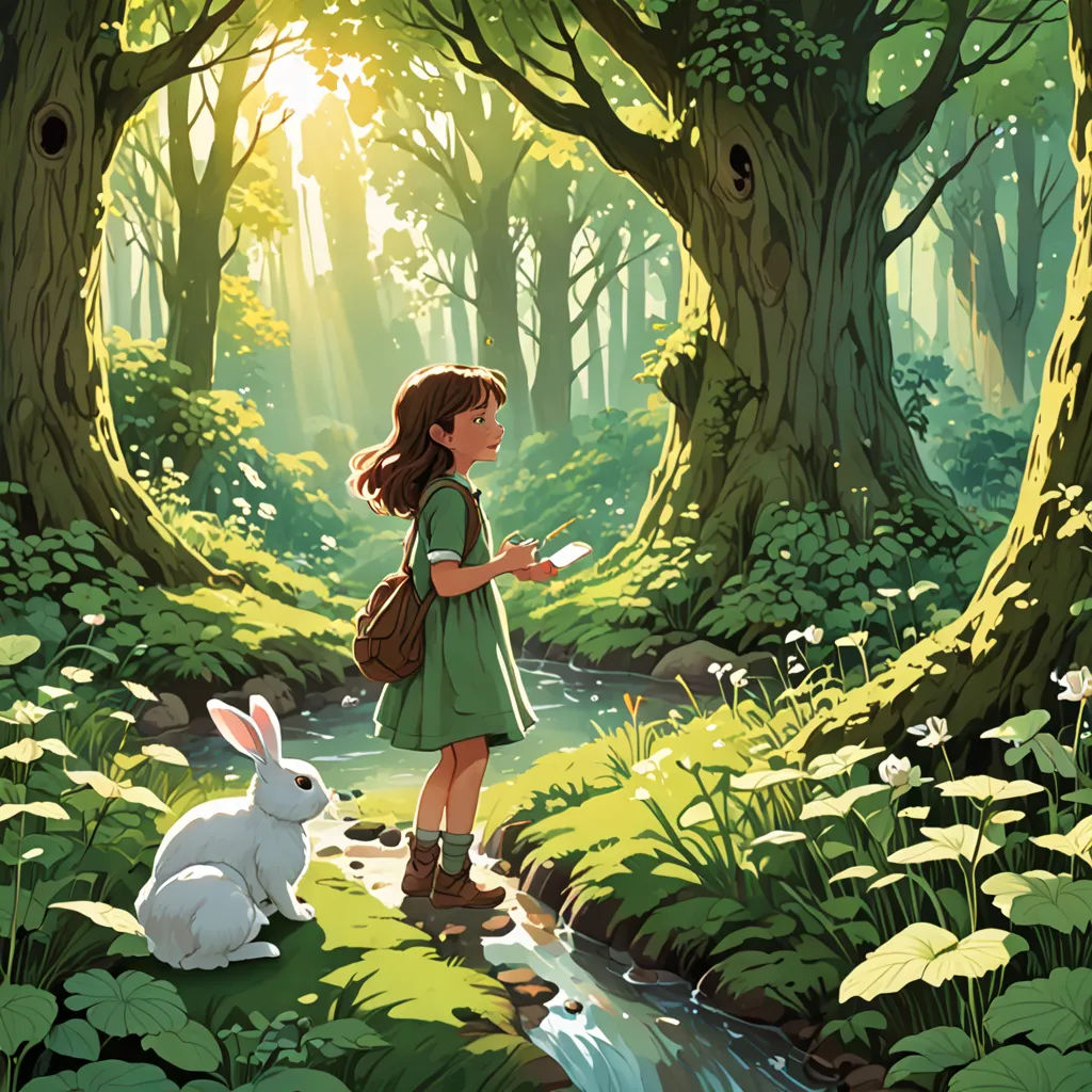 a girl in a green dress standing in a forest with a rabbit next to her and a stream running through it, fantasy art, a storybook illustration, Cliff Childs, rossdraws global illumination