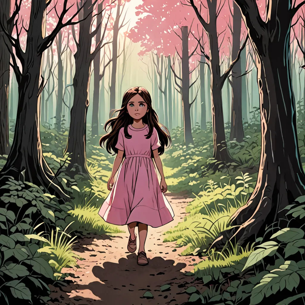 a girl in a pink dress walking through a forest with trees and grass on either side of her face, process art, a storybook illustration, Alice Prin, comic cover art