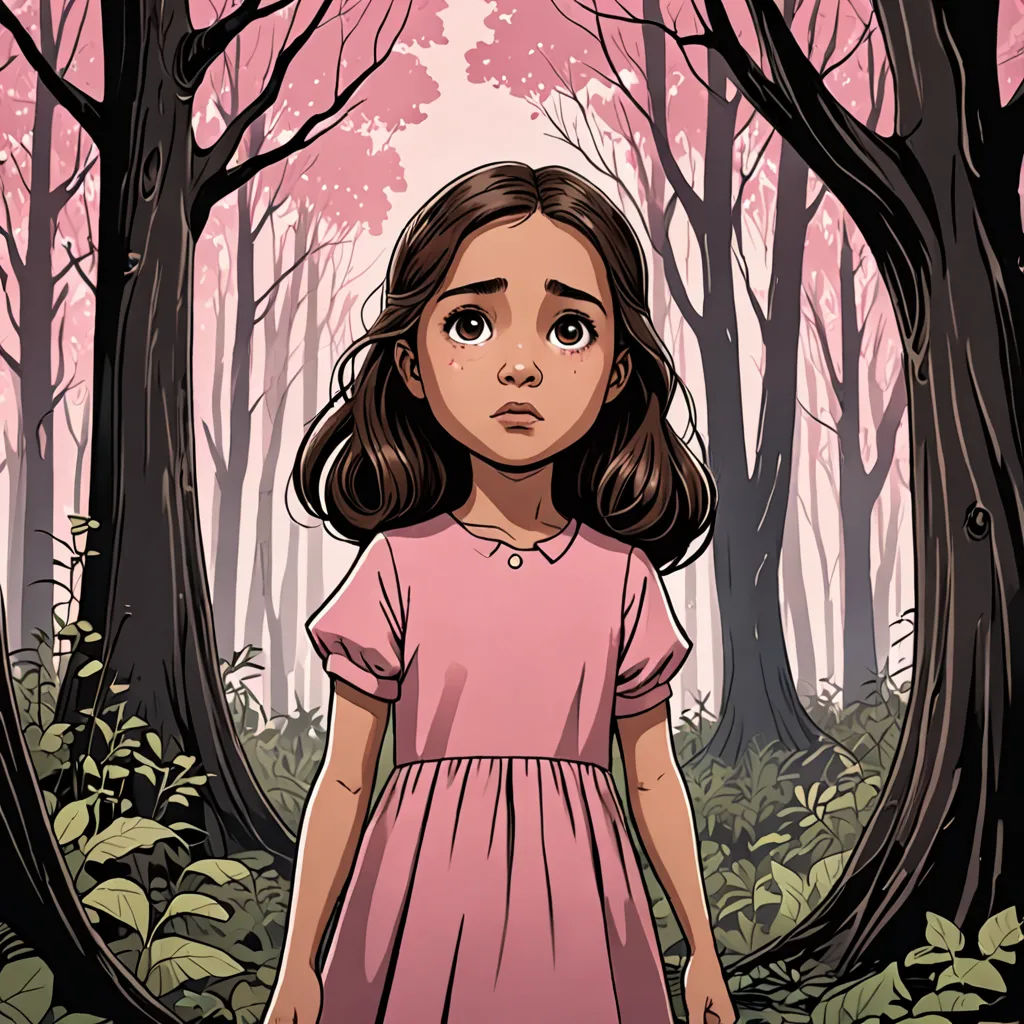 a little girl standing in the woods with a pink background and trees behind her, with a pink sky, serial art, a storybook illustration, Clarice Beckett, comic cover art