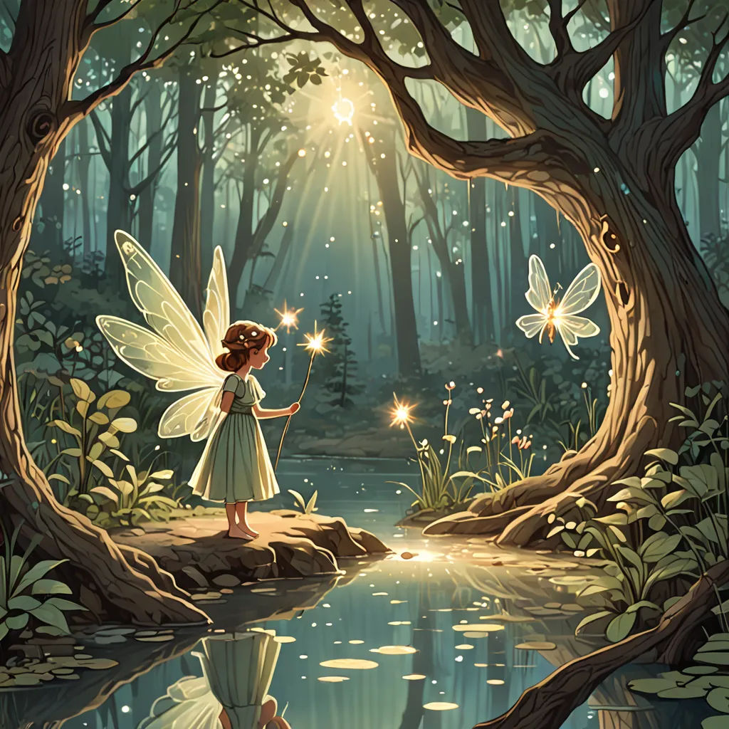 a fairy holding a wand standing in a forest next to a pond of water with a star in it, magical realism, a storybook illustration, Cliff Childs, storybook illustration