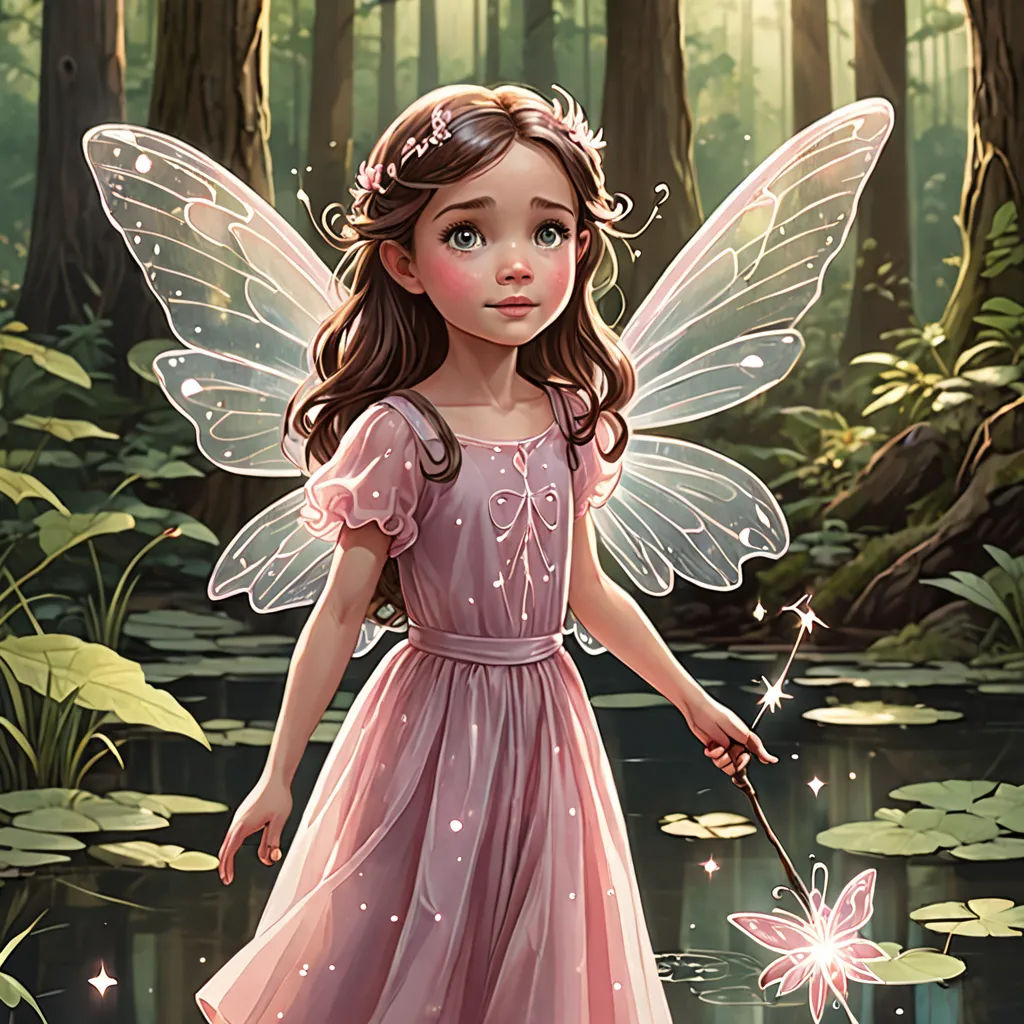 a little girl dressed in pink holding a wand in a forest with a butterfly on it's tail, fantasy art, a storybook illustration, Anne Stokes, kinkade