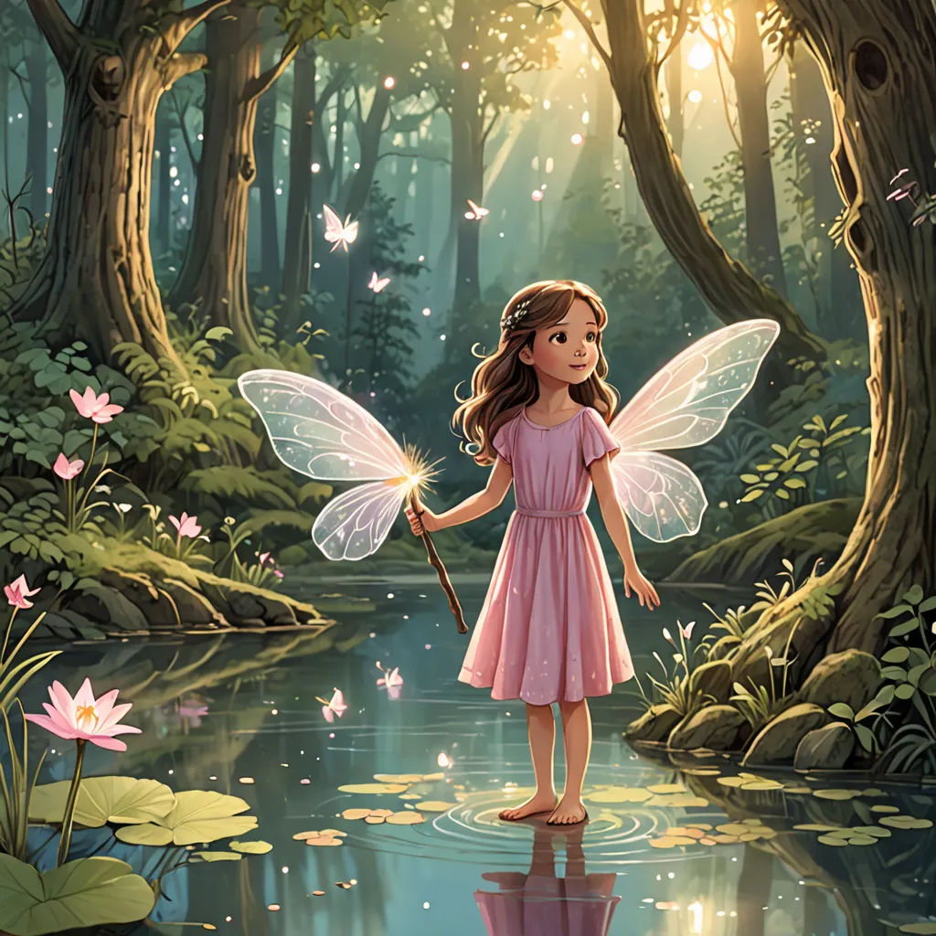 a little girl dressed in pink holding a wand in a forest with flowers and butterflies on the water and a pond, fantasy art, a storybook illustration, Cliff Childs, storybook illustration