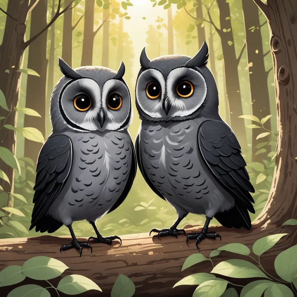 two owls sitting on a log in a forest with leaves and trees in the background, with the sun shining through the trees, fantasy art, a storybook illustration, Dan Mumford, storybook illustration
