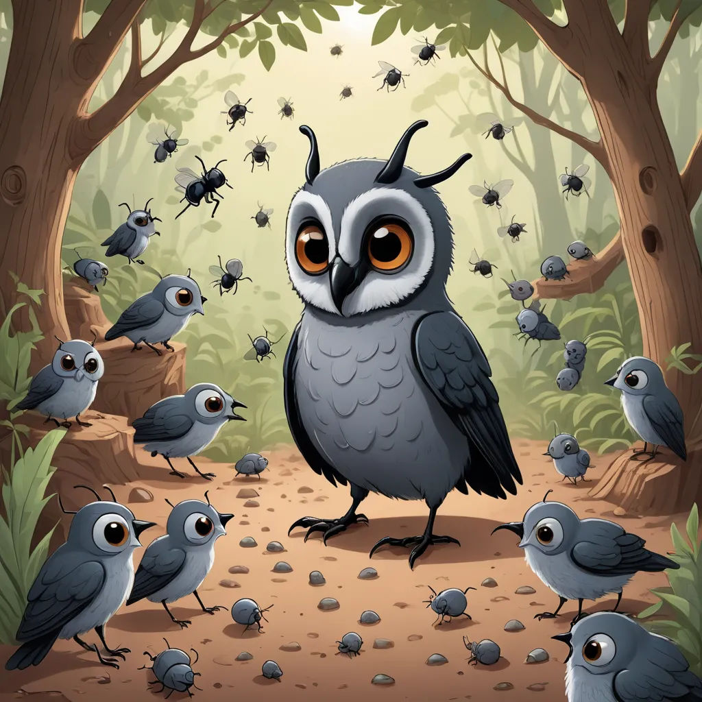 a group of birds standing on a dirt road in a forest with many bugs around them and a bird with large eyes, sots art, a storybook illustration, Craola, storybook illustration