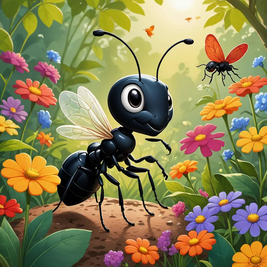 a black ant insect in a flowery forest with butterflies and flowers around it illustration for children's book, magic realism, a storybook illustration, Altoon Sultan, highly detailed digital painting