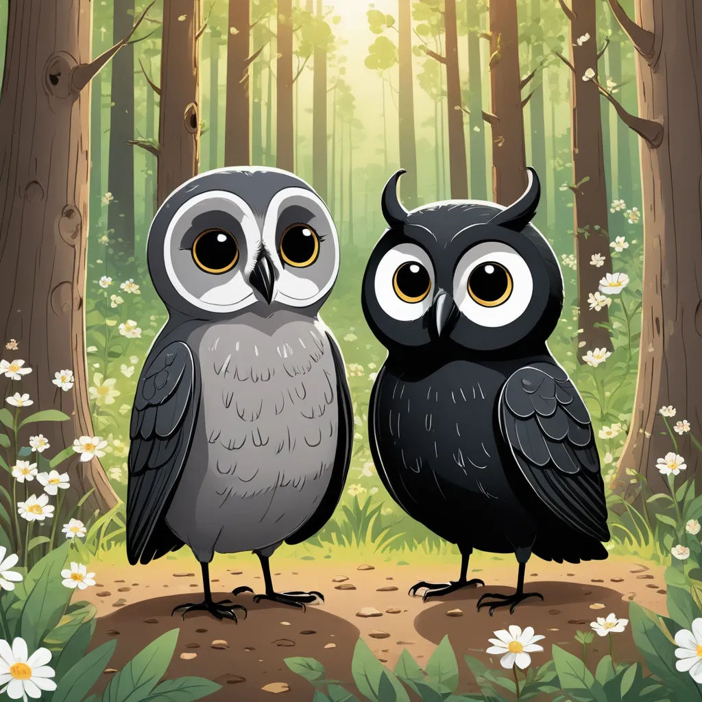 two owls standing in the woods with flowers around them and a sun shining through the trees behind them,, sots art, a storybook illustration, Diego Gisbert Llorens, storybook illustration