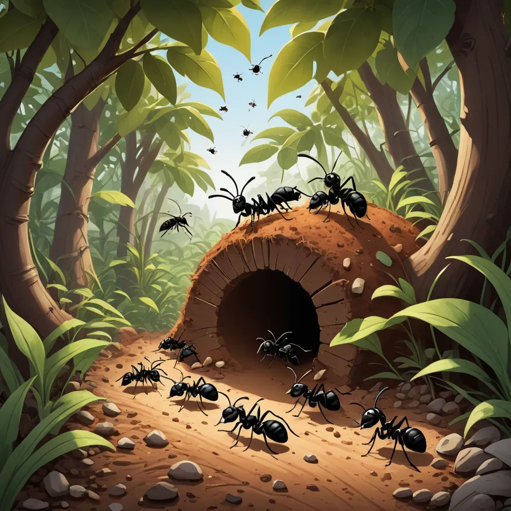 a group of ants walking into a cave in the forest with a group of ants in the background illustration, antipodeans, a storybook illustration, Andries Stock, furaffinity