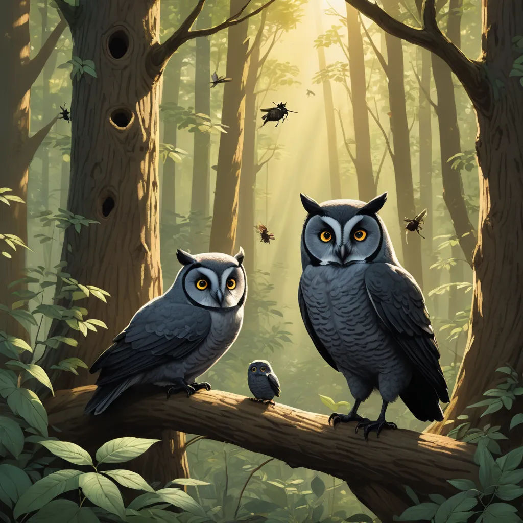 two owls sitting on a branch in a forest with a sunbeam in the background and a bug in the foreground, fantasy art, a storybook illustration, Dan Mumford, storybook illustration