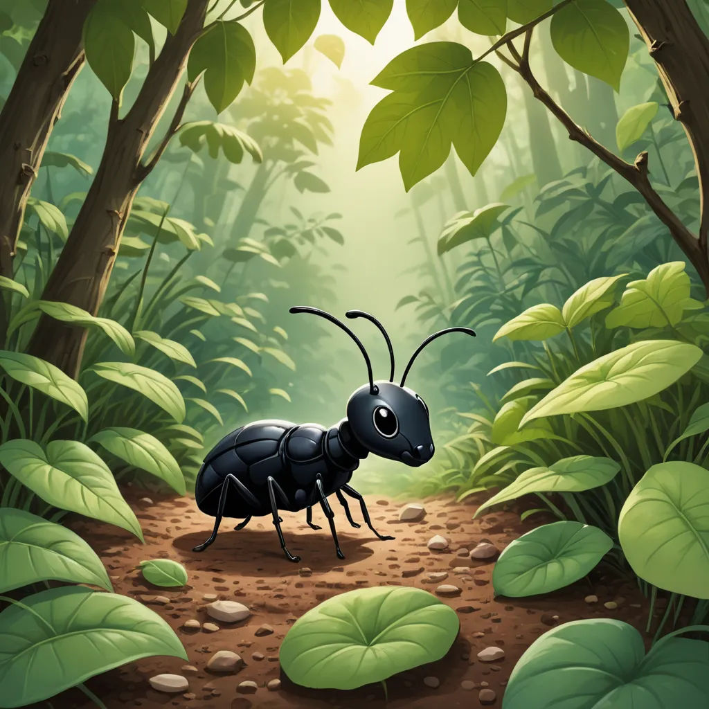 a bug in the middle of a forest with leaves on the ground and a sun shining through the trees, primitivism, a storybook illustration, Craola, storybook illustration