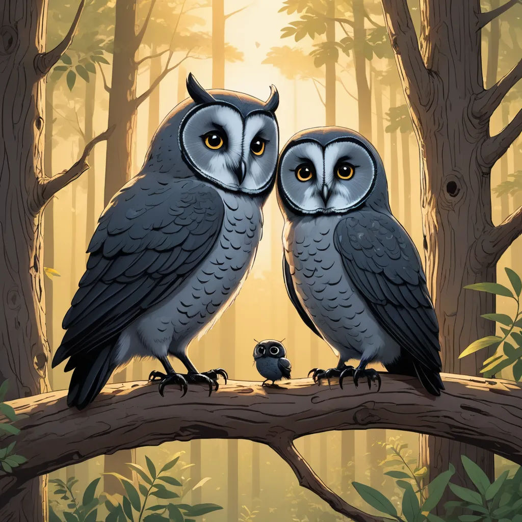 two owls sitting on a branch in a forest with a baby bird in the foreground and a sunlit background, fantasy art, a storybook illustration, Chris LaBrooy, storybook illustration