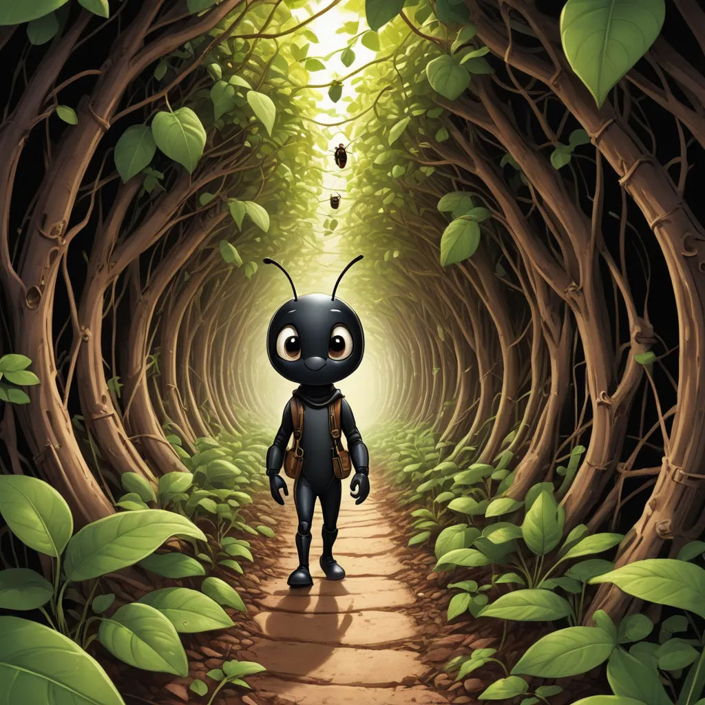 a cartoon character walking through a tunnel of trees and leaves with a bug on his back and a light at the end, lyco art, a storybook illustration, Anson Maddocks, promotional image