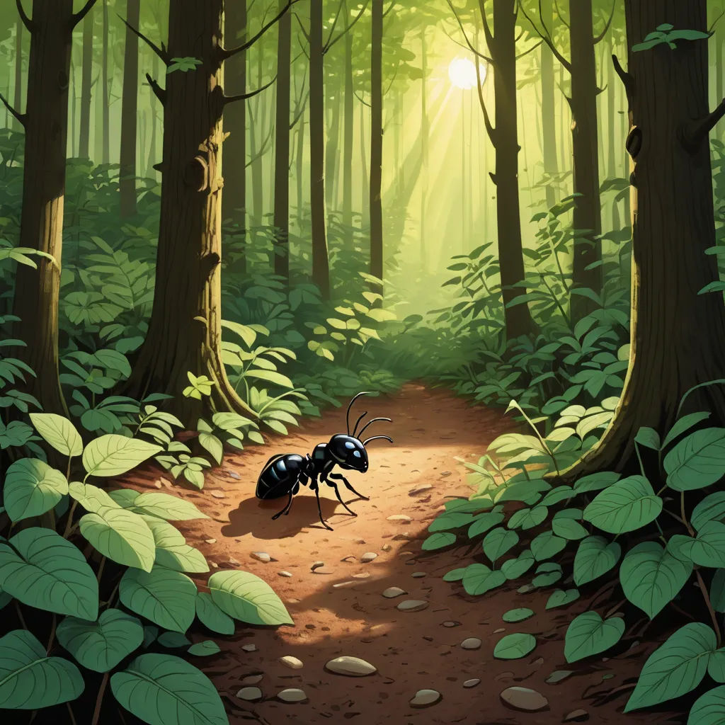 a bug walking on a dirt path through a forest filled with green leaves and trees with sunlight shining through the trees, fantasy art, a storybook illustration, Dan Mumford, storybook illustration