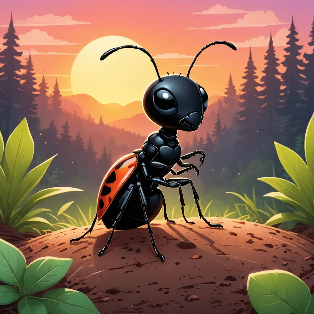 a black bug standing on a dirt ground in front of a forest with a sunset in the background and a few green leaves, naturalism, a storybook illustration, Chris LaBrooy, 2 d game art