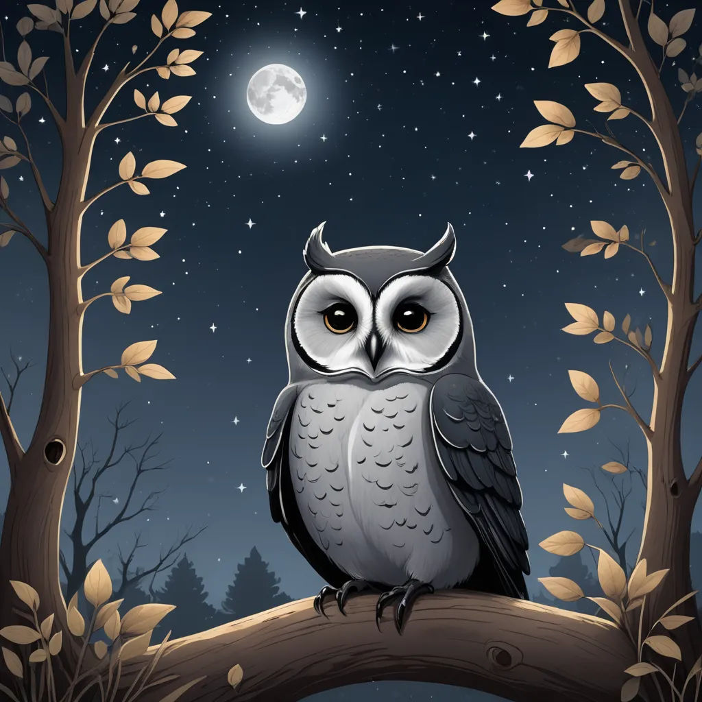 a cartoon owl sitting on a branch with a full moon in the background and leaves on the branches around it, fantasy art, a storybook illustration, Dan Mumford, storybook illustration
