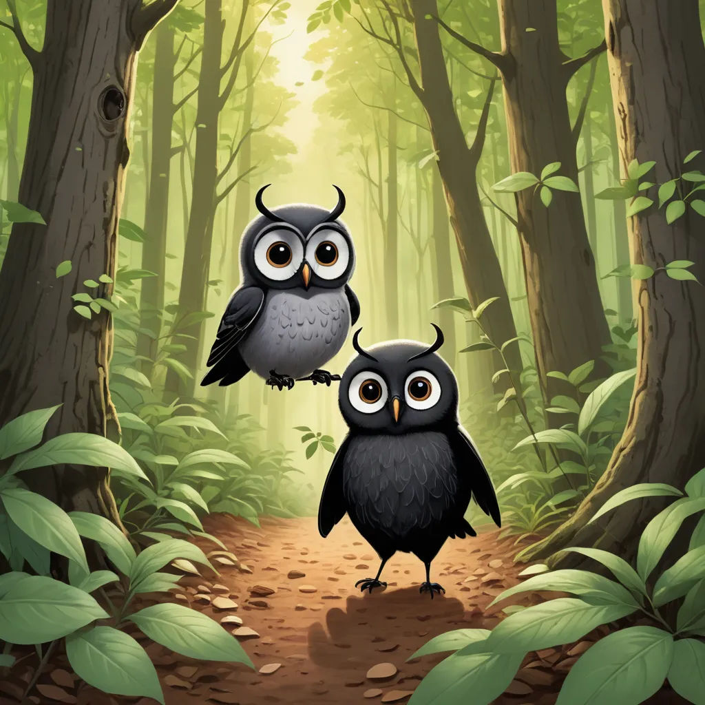 two owls standing on a path in a forest with leaves and trees around them, looking at the camera, fantasy art, a storybook illustration, David Martin, storybook illustration