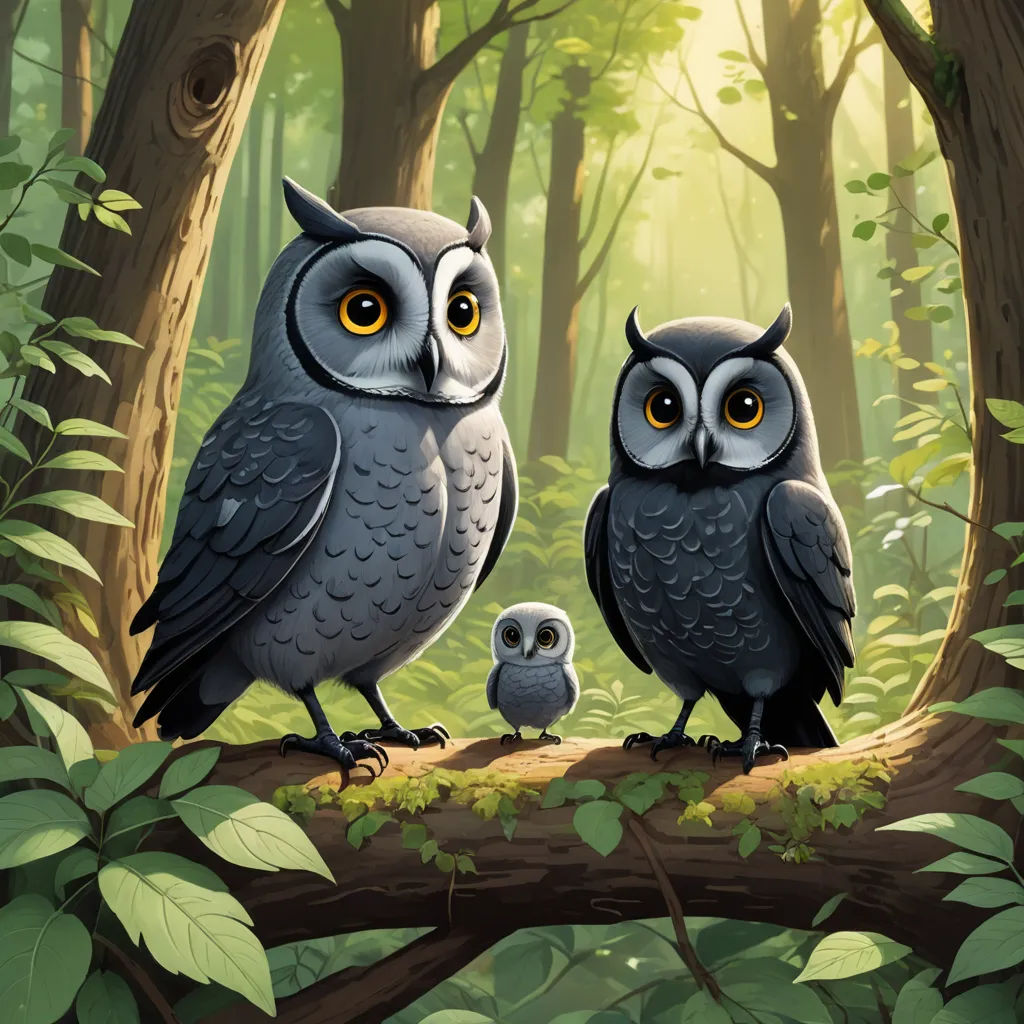 a couple of owls sitting on top of a tree branch in a forest with a baby owl in front of them, fantasy art, a storybook illustration, Chris LaBrooy, storybook illustration