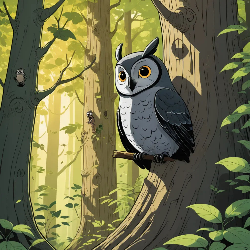 a cartoon of an owl sitting on a tree branch in a forest with a bird on it's back, fantasy art, a storybook illustration, Diego Gisbert Llorens, storybook illustration