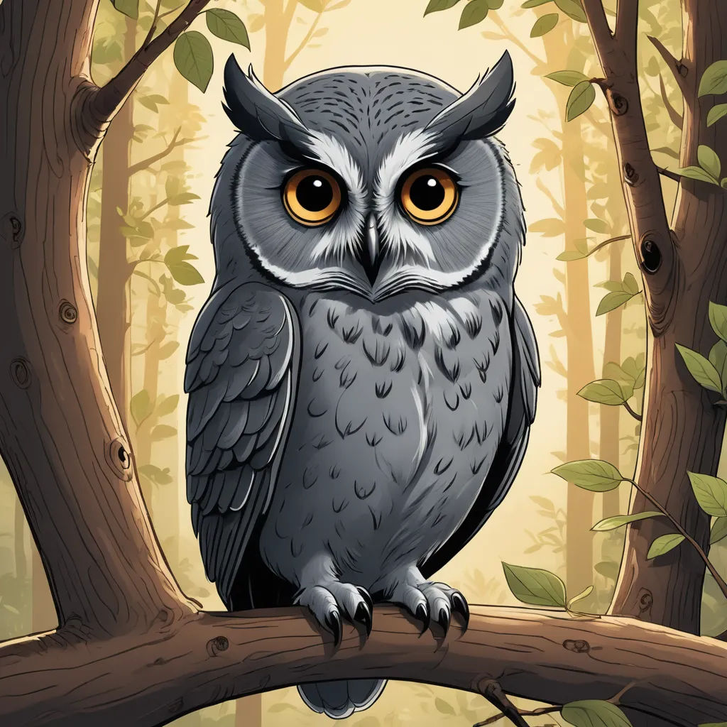 a cartoon owl sitting on a branch in a forest with leaves and trees around it, looking at the camera, fantasy art, a storybook illustration, Dan Mumford, storybook illustration