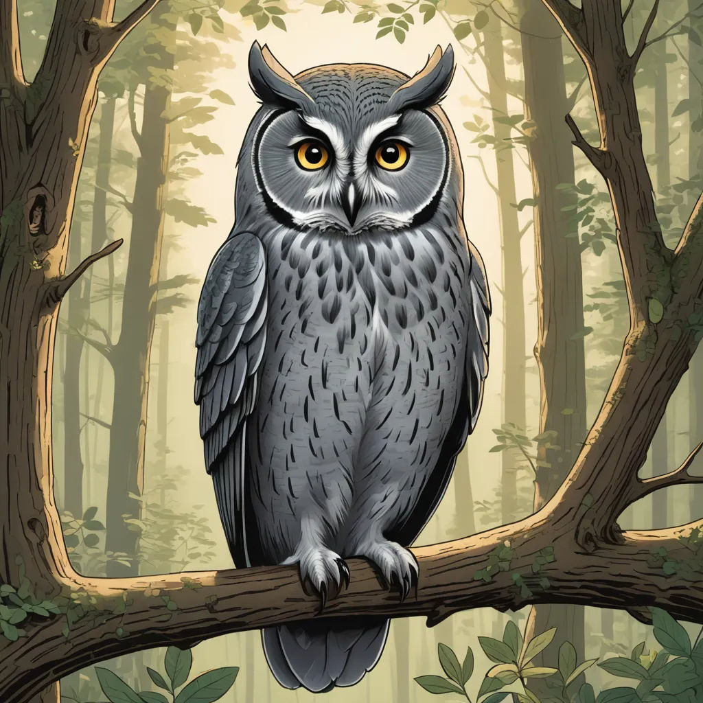 a large owl sitting on a tree branch in a forest with yellow eyes and a yellow - eyed look, fantasy art, a storybook illustration, Dan Mumford, high detail illustration