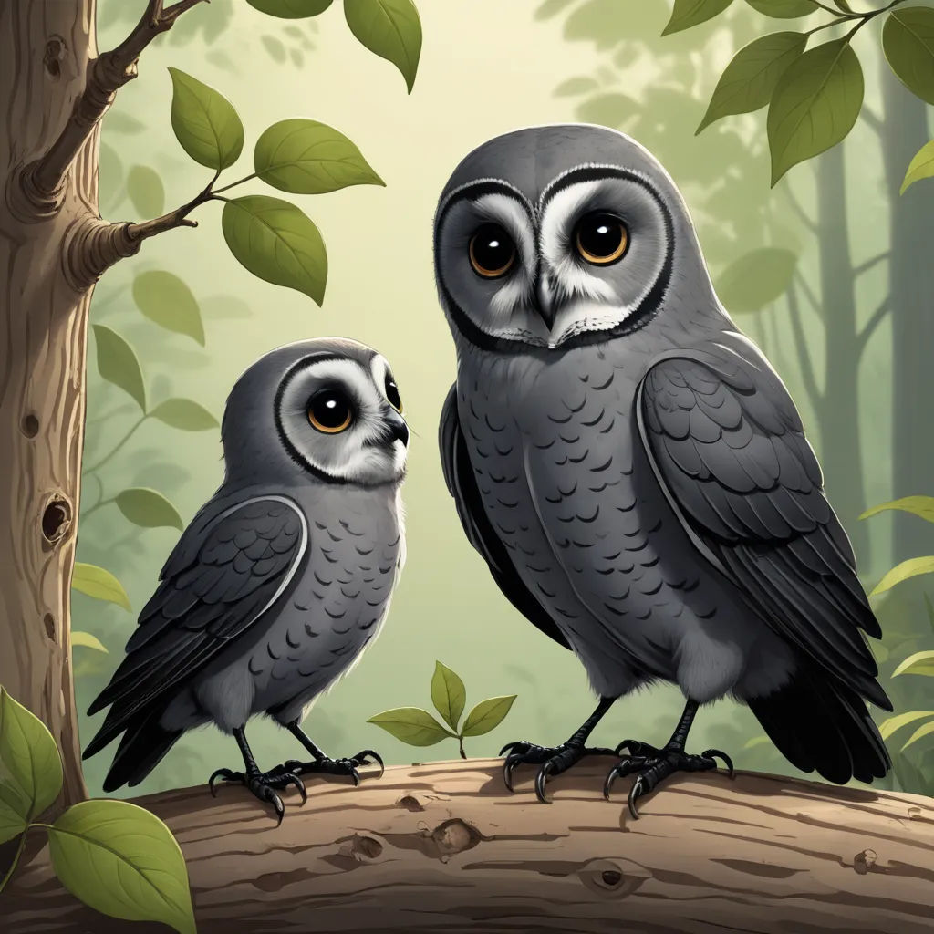 two owls sitting on a branch in a forest with leaves and a tree trunk in the foreground, with a green background, fantasy art, a storybook illustration, Chris LaBrooy, storybook illustration