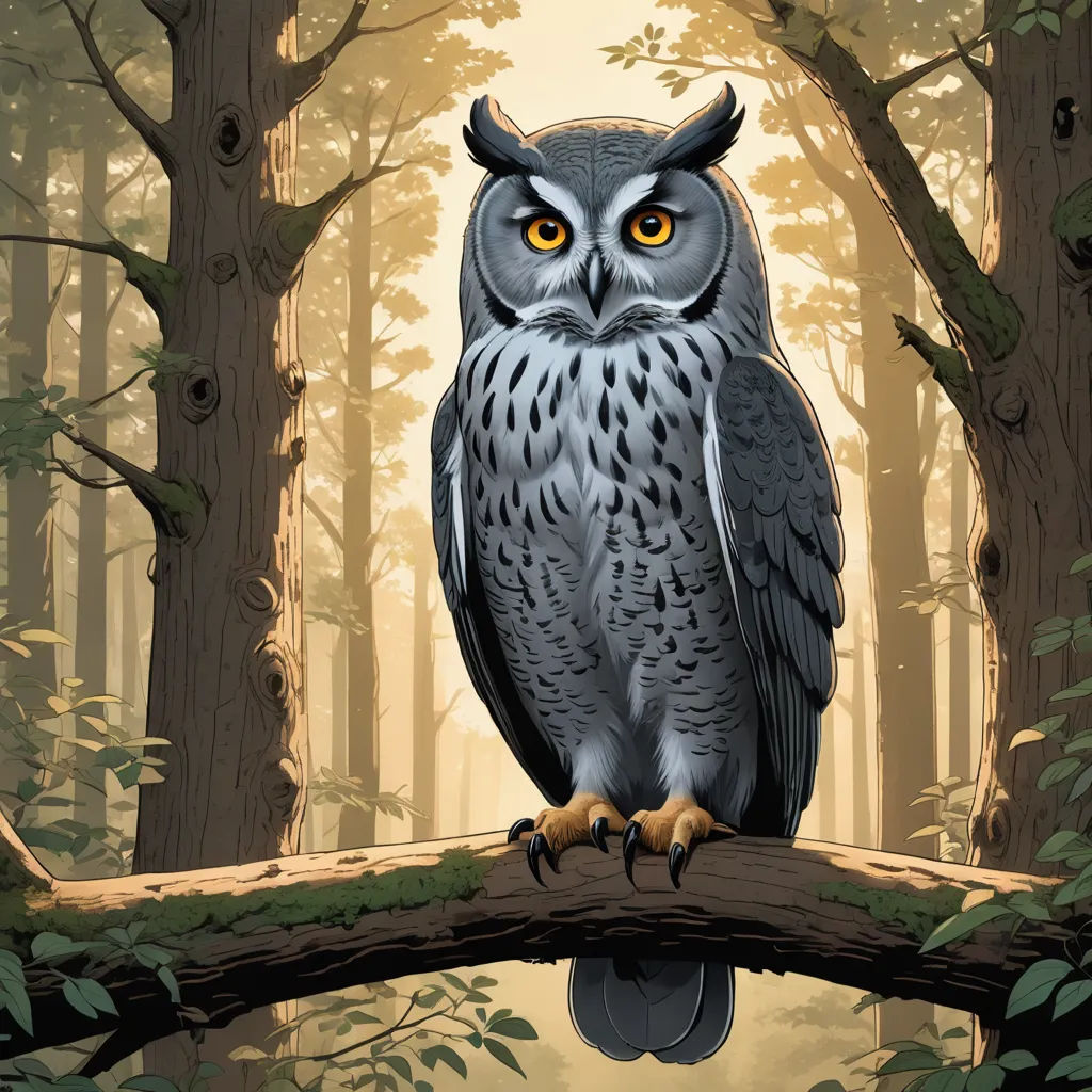 a painting of an owl sitting on a branch in a forest with trees and leaves around it, with a yellow - eyed owl perched on a branch, fantasy art, a storybook illustration, Dan Mumford, storybook illustration