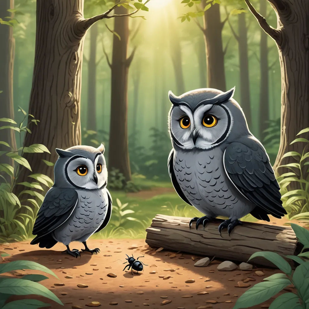two owls sitting on a log in a forest with a lady bug nearby on a sunny day with sunlight coming through the trees, sots art, a storybook illustration, Dan Mumford, storybook illustration