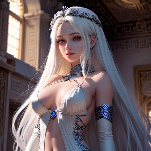 a very pretty blonde with long hair and a crown on her head and a white dress with blue accents