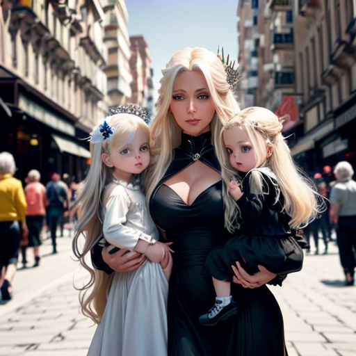 a woman in a black dress holding two little girls in her arms and a little girl in a black dress