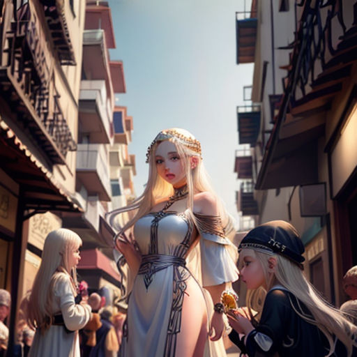 a woman in a white dress standing next to a group of people on a street with buildings in the background