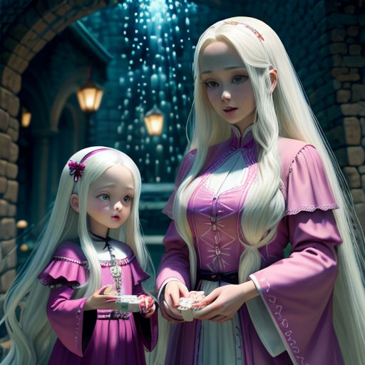 a woman and a child dressed in medieval clothing standing in front of a castle entrance with a fountain in the background