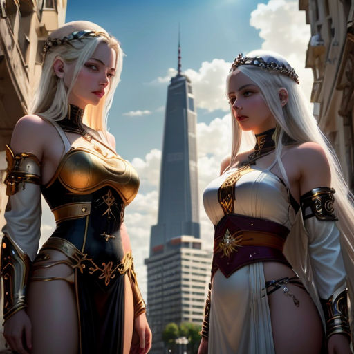 two women in costumes standing in front of a tall building in a city with skyscrapers in the background