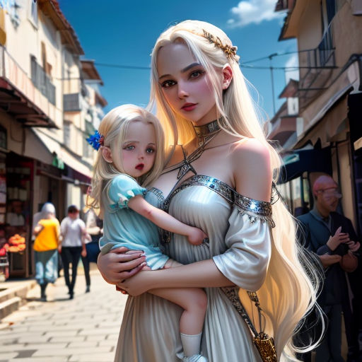 a woman holding a child in a street with people walking around it and a man in a costume standing next to her