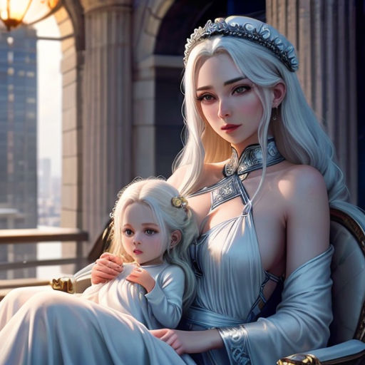 a woman in a white dress sitting next to a little girl in a white dress and a tiara