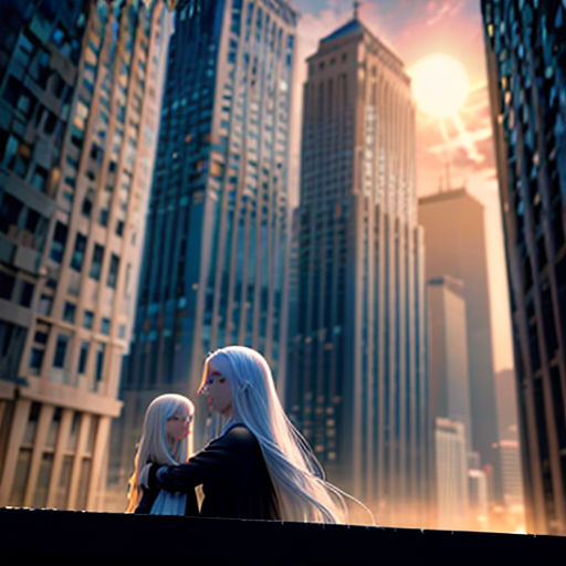 a couple of women standing next to each other in front of tall buildings in a city at sunset or sunset