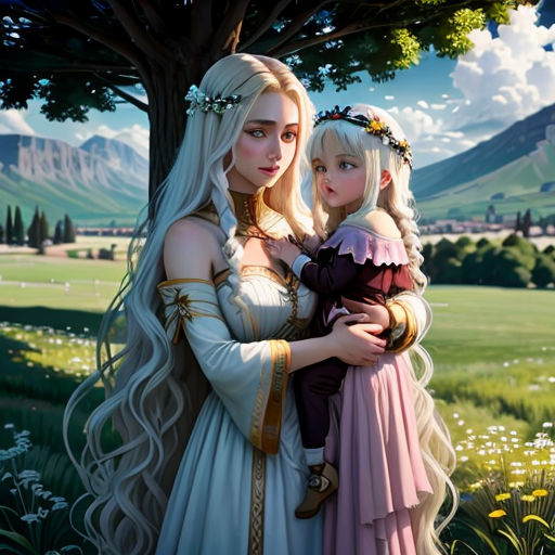 a painting of a mother and daughter in a field with mountains in the background and a tree in the foreground