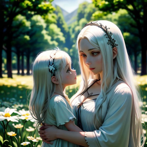 a woman and a child are standing in a field of flowers and trees, with a mountain in the background
