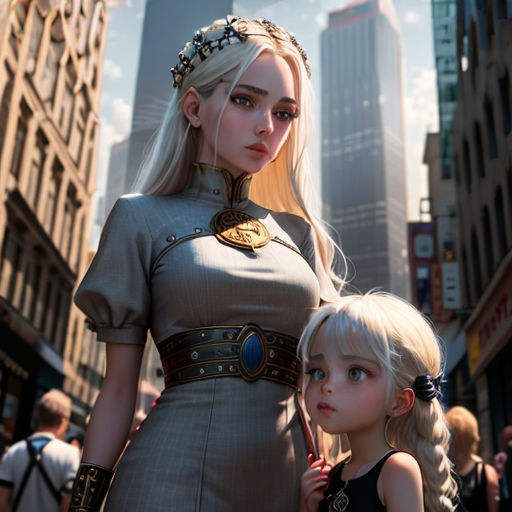 a woman and a little girl standing in a city street with a cityscape in the background and a skyscraper in the background