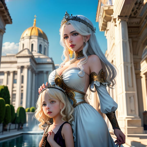 a woman and a child are standing in front of a building with a fountain in front of them, both wearing tiaras