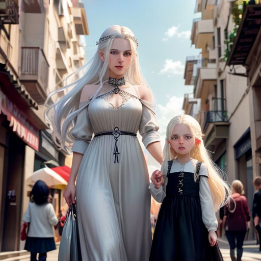 a woman and a little girl are walking down the street together in a dress and headpieces,