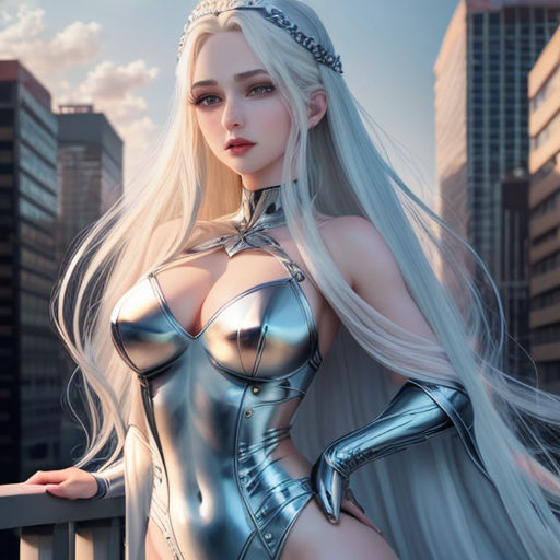 a woman in a silver outfit standing on a balcony with a city in the background and a sky background