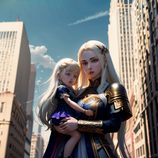 a woman holding a child in a city street with tall buildings in the background and a sky background with clouds