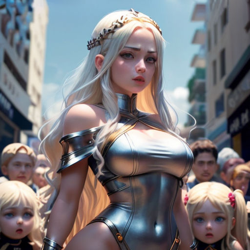a woman in a cosplay outfit standing in front of a crowd of people in a city street