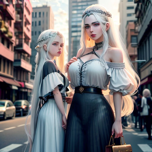 two women in dresses standing on a street corner with a city in the background and a woman in a white dress