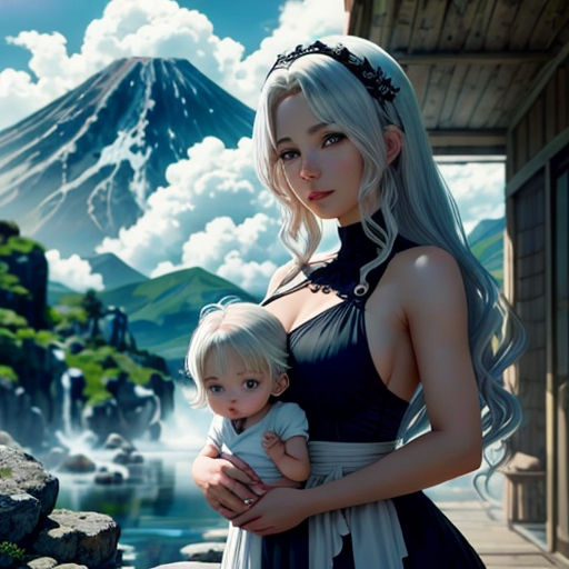 a woman holding a baby in her arms in front of a mountain landscape with a waterfall and a lake